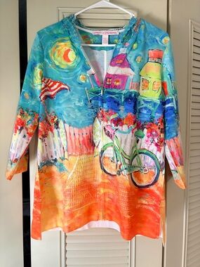 Leoma Lovegrove Colorful Coastal Bicycle Zip-Front 3/4 jacket. Size S